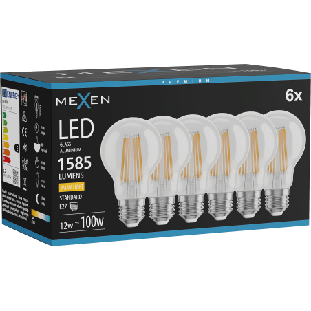 Mexen Vintis 6x LED gijų lemputė E27, A60, 12W, Šilta - 2700K, 1585 lm, skaidri - L150-E27-1227-00x06