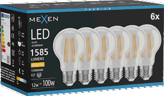 Mexen Vintis 6x LED gijų lemputė E27, A60, 12W, Šilta - 2700K, 1585 lm, skaidri - L150-E27-1227-00x06