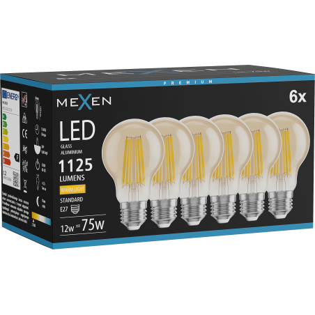 Mexen Vintis 6x LED kaitrinė lemputė E27, A60, 12W, Šilta - 2700K, 1125 lm, gintarinė - L150-E27-1227-50x06