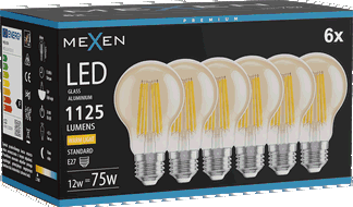 Mexen Vintis 6x LED kaitrinė lemputė E27, A60, 12W, Šilta - 2700K, 1125 lm, gintarinė - L150-E27-1227-50x06
