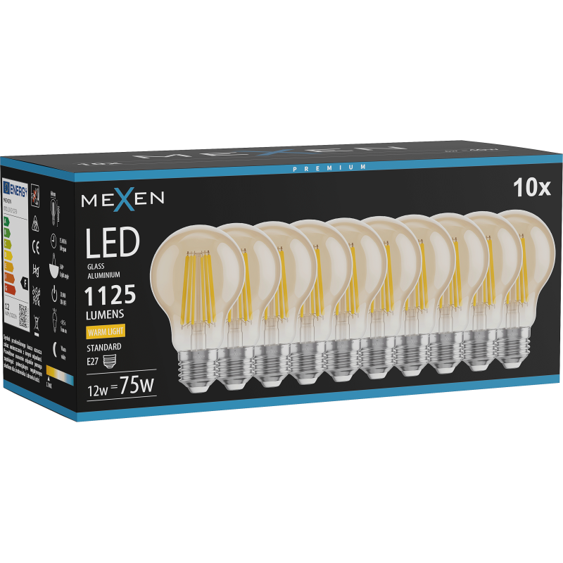 Mexen Vintis 10x LED E27 kaitinamosios lemputės, A60, 12W, Šilta - 2700K, 1125 lm, gintaras - L150-E27-1227-50x10