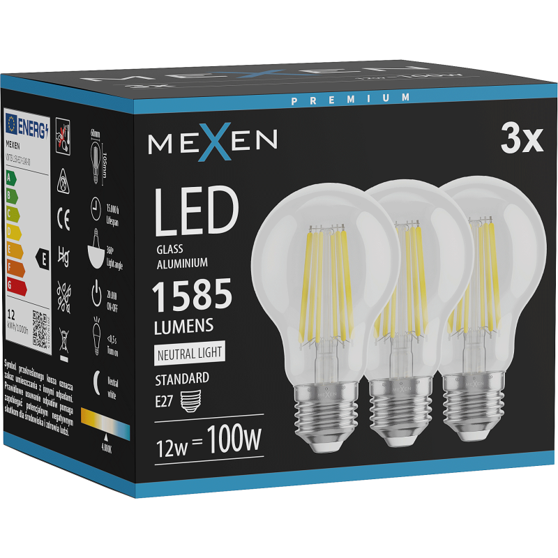 Mexen Vintis 3x LED gijų lemputė E27, A60, 12W, Neutralus - 4000K, 1585 lm, skaidri - L150-E27-1240-00x03