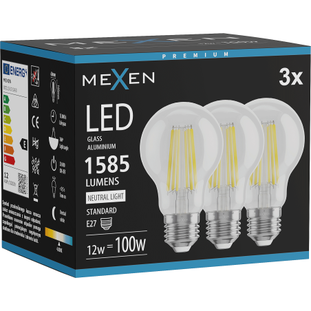 Mexen Vintis 3x LED gijų lemputė E27, A60, 12W, Neutralus - 4000K, 1585 lm, skaidri - L150-E27-1240-00x03