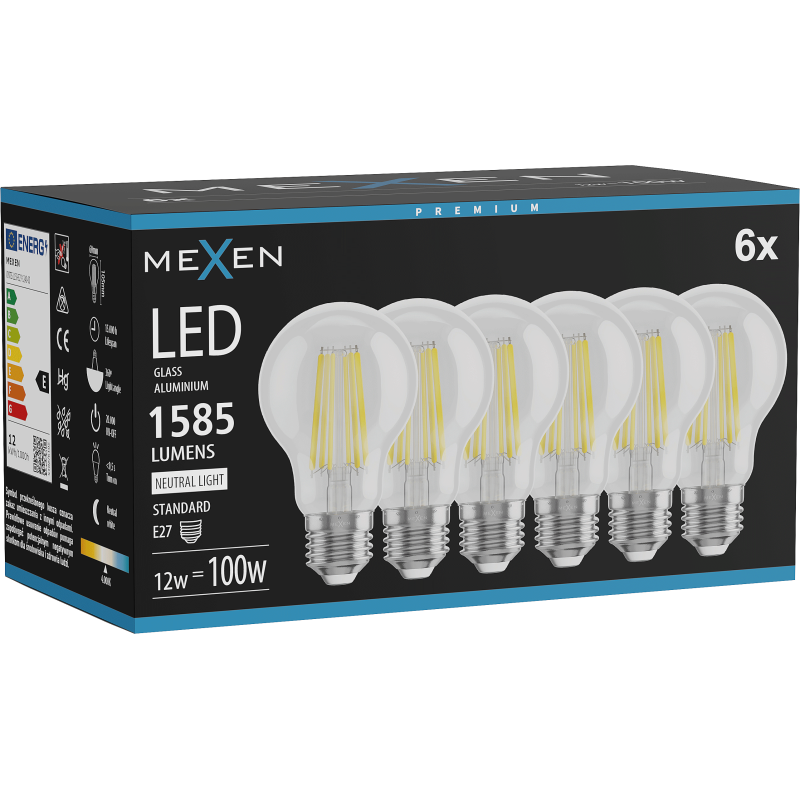 Mexen Vintis 6x Filamento LED lemputė E27, A60, 12W, Neutrali - 4000K, 1585 lm, skaidri - L150-E27-1240-00x06