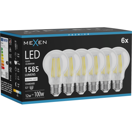 Mexen Vintis 6x Filamento LED lemputė E27, A60, 12W, Neutrali - 4000K, 1585 lm, skaidri - L150-E27-1240-00x06