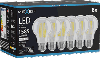 Mexen Vintis 6x Filamento LED lemputė E27, A60, 12W, Neutrali - 4000K, 1585 lm, skaidri - L150-E27-1240-00x06