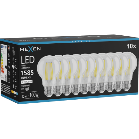 Mexen Vintis 10x LED filamento lemputės E27, A60, 12W, Neutrali - 4000K, 1585 lm, skaidri - L150-E27-1240-00x10