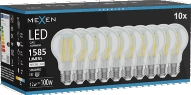 Mexen Vintis 10x LED filamento lemputės E27, A60, 12W, Neutrali - 4000K, 1585 lm, skaidri - L150-E27-1240-00x10