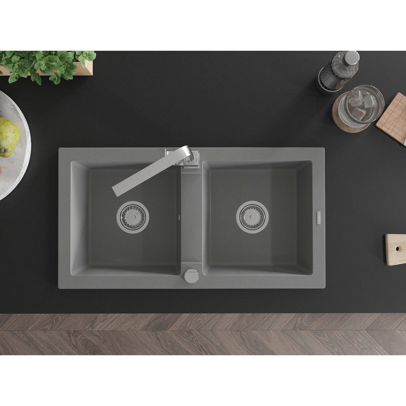 Mexen Mario granitinė dviejų skyrių virtuvinė kriauklė su Rita maišytuvu, pilka - 6504-71-670300-00