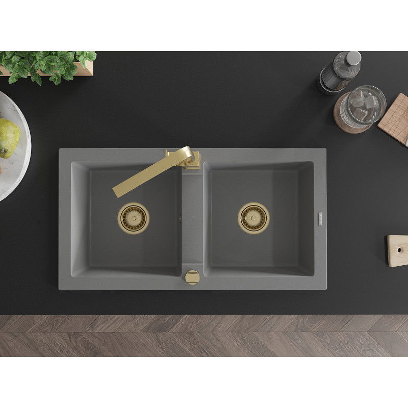 Mexen Mario granitinė dviejų skyrių plautuvė su virtuviniu maišytuvu Rita, pilka - 6504-71-670300-50