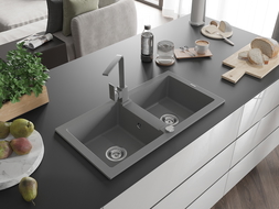 Mexen Mario granito plautuvė su dviem skyreliais ir virtuviniu maišytuvu Rita, pilka - 6504-71-670300-71
