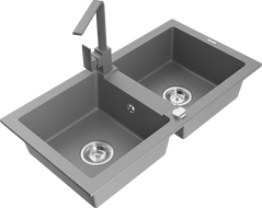 Mexen Mario granito plautuvė su dviem skyreliais ir virtuviniu maišytuvu Rita, pilka - 6504-71-670300-71