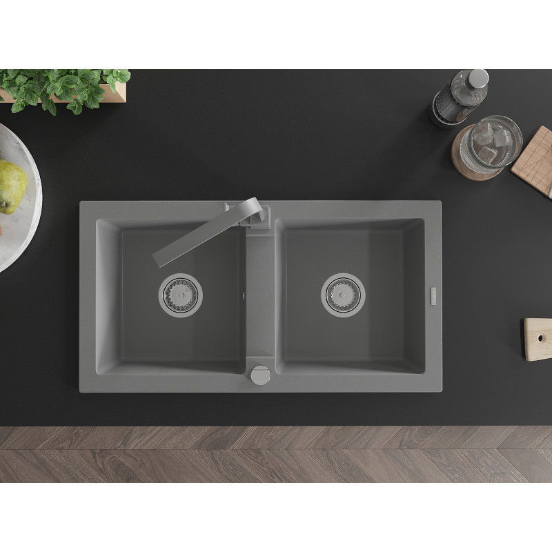 Mexen Mario granito plautuvė su dviem skyreliais ir virtuviniu maišytuvu Rita, pilka - 6504-71-670300-71