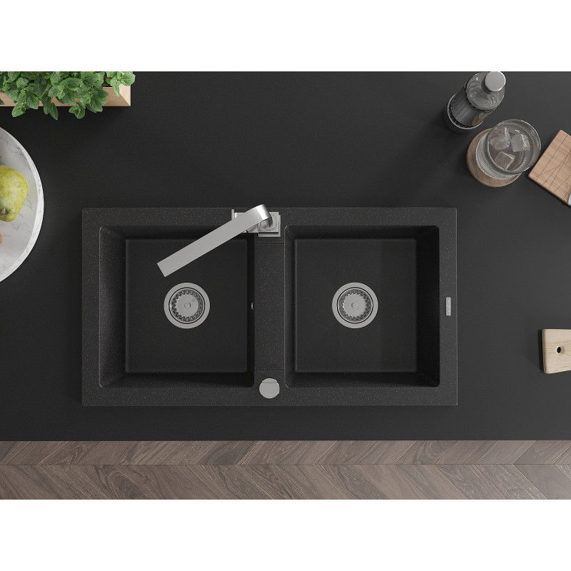 Mexen Mario granito dviejų skyrių kriauklė su Rita virtuviniu maišytuvu, juoda/sidabrinė metalo spalva - 6504-73-670300-00