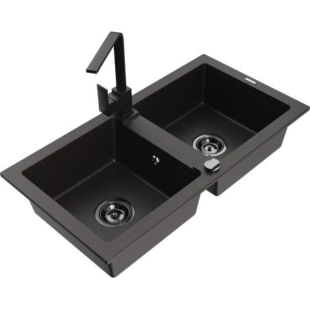 Mexen Mario granitinė dviejų skyrių kriauklė su virtuviniu maišytuvu Rita, juoda/aukso metalo spalva - 6504-75-670300-70-B
