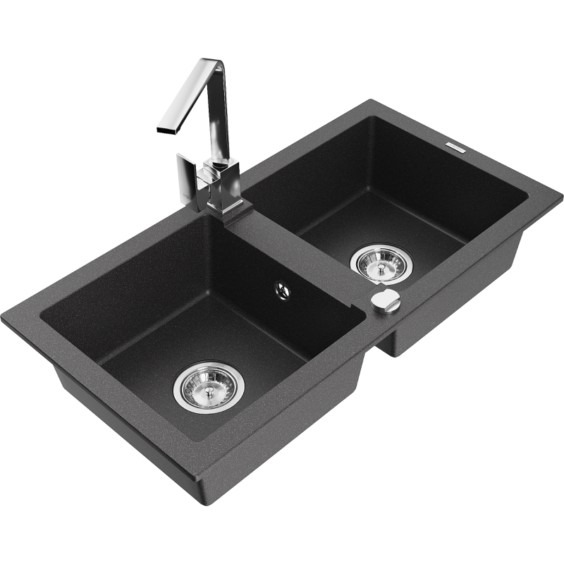 Mexen Mario granitinė dviejų skyrių plautuvė su virtuviniu maišytuvu Rita, juodas taškuotas - 6504-76-670300-00