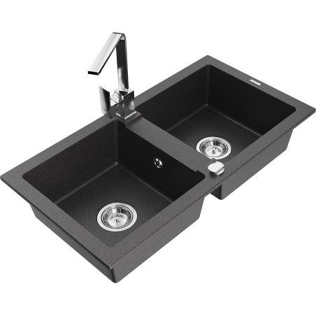 Mexen Mario granitinė dviejų skyrių plautuvė su virtuviniu maišytuvu Rita, juodas taškuotas - 6504-76-670300-00