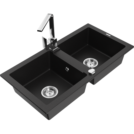 Mexen Mario granitinė dviejų skylių plautuvė su virtuvės maišytuvu Rita, juoda - 6504-77-670300-00