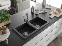 Mexen Mario granitinė dviejų kamerų virtuvinė plautuvė su virtuviniu maišytuvu Rita, juoda - 6504-77-670300-00
