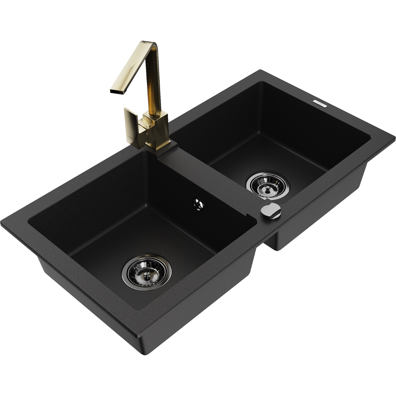 Mexen Mario granito plautuvė dviejų skyrių su virtuviniu maišytuvu Rita, juoda - 6504-77-670300-50-B