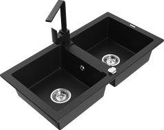 Mexen Mario granitinė dviejų skyrių plautuvė su Rita virtuvės maišytuvu, juoda - 6504-77-670300-70