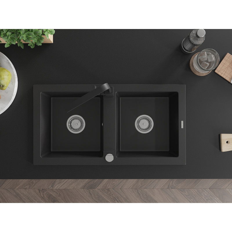Mexen Mario granitinė dviejų skyrių plautuvė su Rita virtuvės maišytuvu, juoda - 6504-77-670300-70