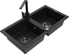 Mexen Mario granitinė dviejų skyrių plautuvė su virtuviniu maišytuvu Rita, juoda - 6504-77-670300-70-B