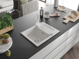 Mexen Enzo 1-dubenčiai granitinė kriauklė su išvarža ir virtuvės maišytuvu Rita, balta - 6506-20-670300-20