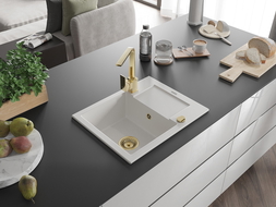 Mexen Enzo granitinė vienos dubens plautuvė su nusausintuvu ir virtuvės maišytuvu Rita, balta - 6506-20-670300-50