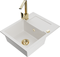 Mexen Enzo granitinė vienos dubens plautuvė su nusausintuvu ir virtuvės maišytuvu Rita, balta - 6506-20-670300-50