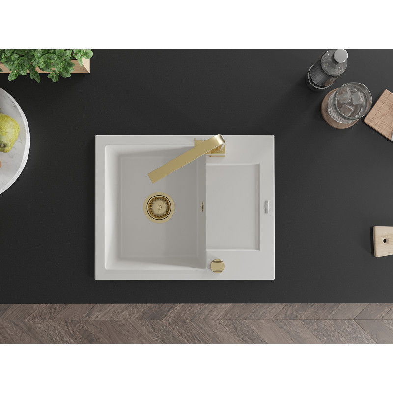 Mexen Enzo granitinė vienos dubens plautuvė su nusausintuvu ir virtuvės maišytuvu Rita, balta - 6506-20-670300-50