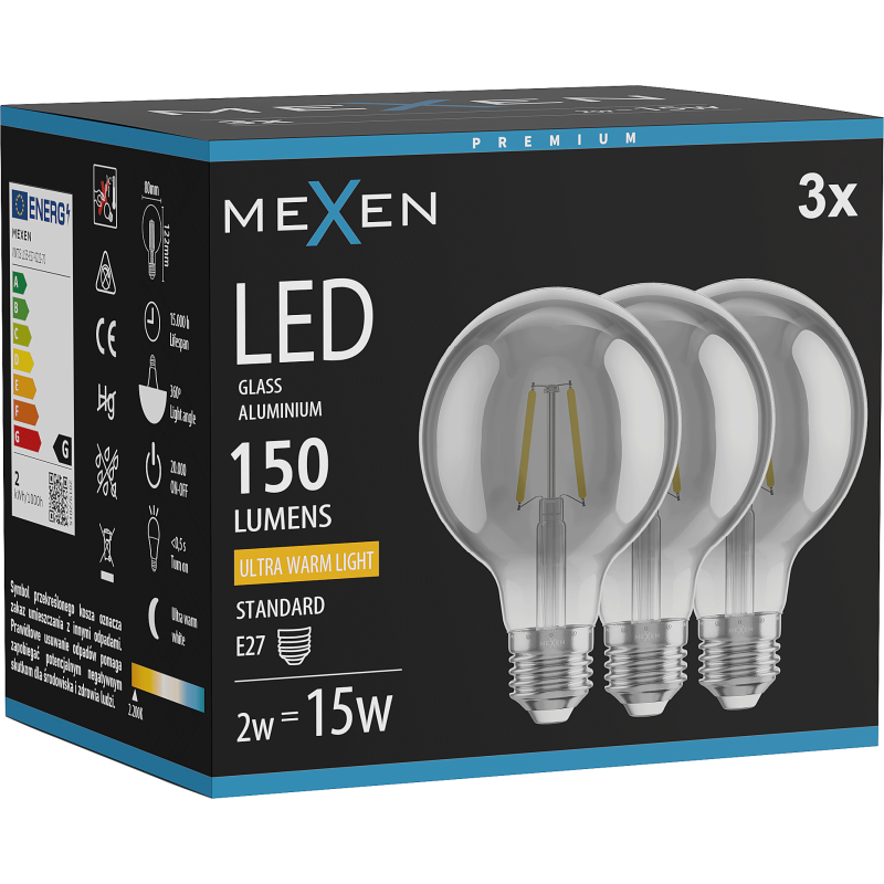 Mexen Vintis 3x LED siūlelių lemputė E27, G80, 2W, Šilta - 2200K, 150 lm, smoke - L155-E27-0222-70x03
