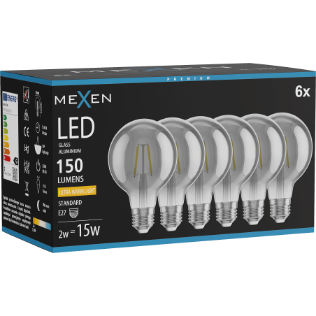 Mexen Vintis 6x LED E27 siūlelės lemputė, G80, 2W, Šilta - 2200K, 150 lm, dūminė - L155-E27-0222-70x06