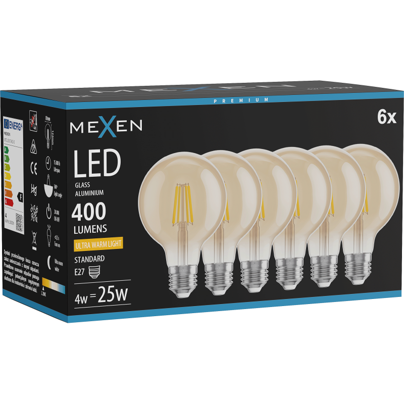 Mexen Vintis 6x LED gijų lemputė E27, G80, 4W, Šilta - 2200K, 400 lm, gintaro spalva - L155-E27-0422-50x06
