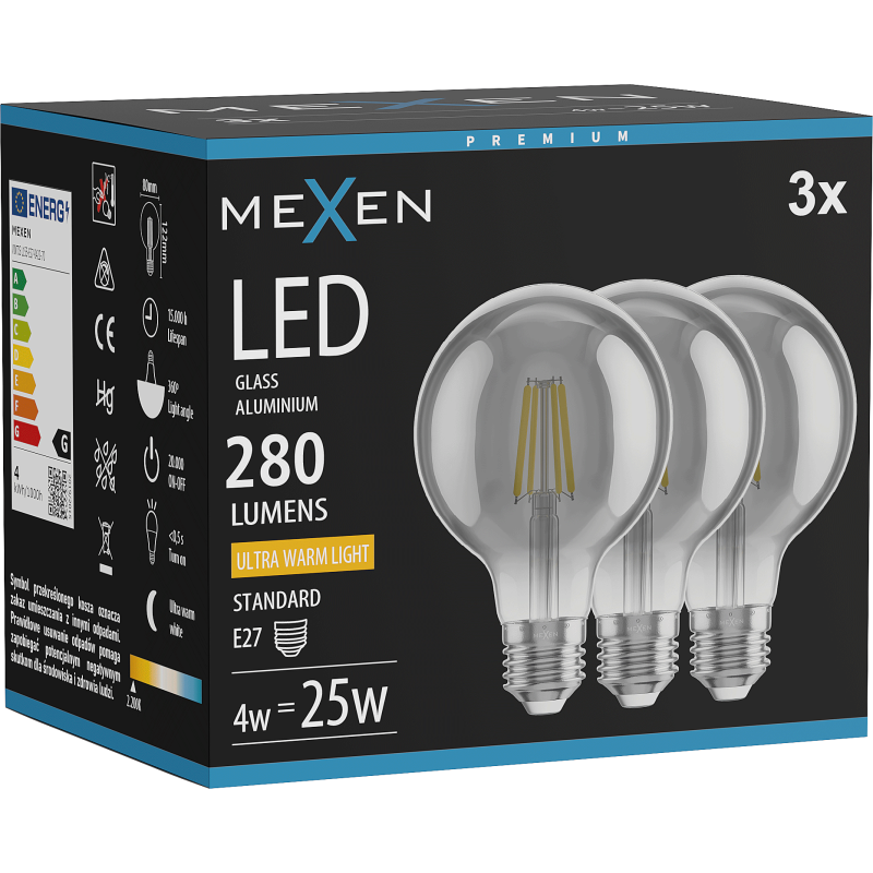 Mexen Vintis 3x LED filamentinė lemputė E27, G80, 4W, Šilta - 2200K, 280 lm, dūminė - L155-E27-0422-70x03