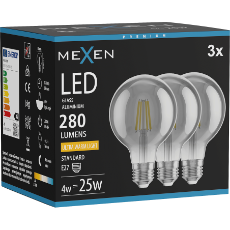 Mexen Vintis 3x LED filamentinė lemputė E27, G80, 4W, Šilta - 2200K, 280 lm, dūminė - L155-E27-0422-70x03