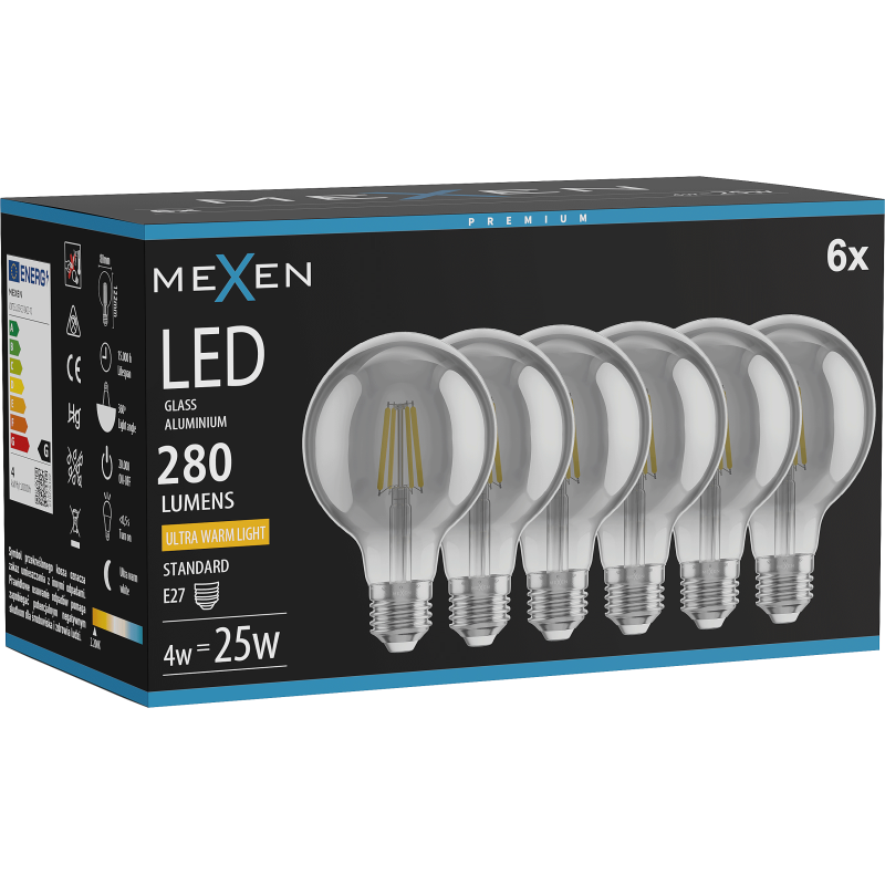 Mexen Vintis 6x LED filamentinė lemputė E27, G80, 4W, Šilta - 2200K, 280 lm, dūminė - L155-E27-0422-70x06