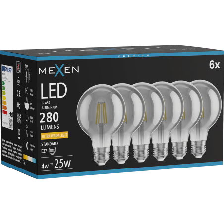 Mexen Vintis 6x LED filamentinė lemputė E27, G80, 4W, Šilta - 2200K, 280 lm, dūminė - L155-E27-0422-70x06