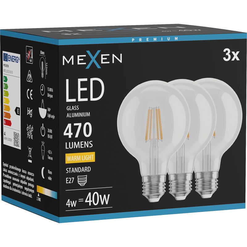 Mexen Vintis 3x LED kaitrinė lemputė E27, G80, 4W, Šilta - 2700K, 470 lm, skaidri - L155-E27-0427-00x03