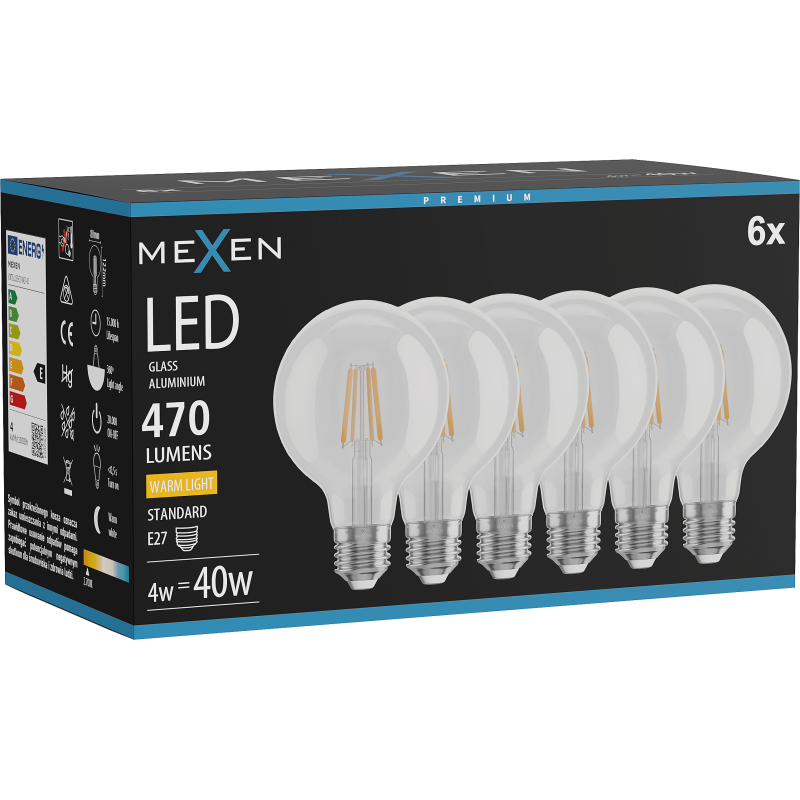 Mexen Vintis 6x LED filamentinė lemputė E27, G80, 4W, Šilta - 2700K, 470 lm, skaidri - L155-E27-0427-00x06