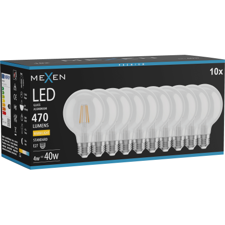 Mexen Vintis 10x LED siūlelių lemputė E27, G80, 4W, Šilta - 2700K, 470 lm, skaidri - L155-E27-0427-00x10