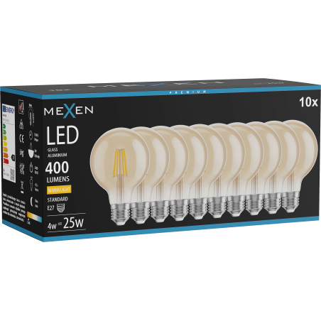 Mexen Vintis 10x LED filamentinė lemputė E27, G80, 4W, Šilta - 2700K, 400 lm, gintarinė - L155-E27-0427-50x10