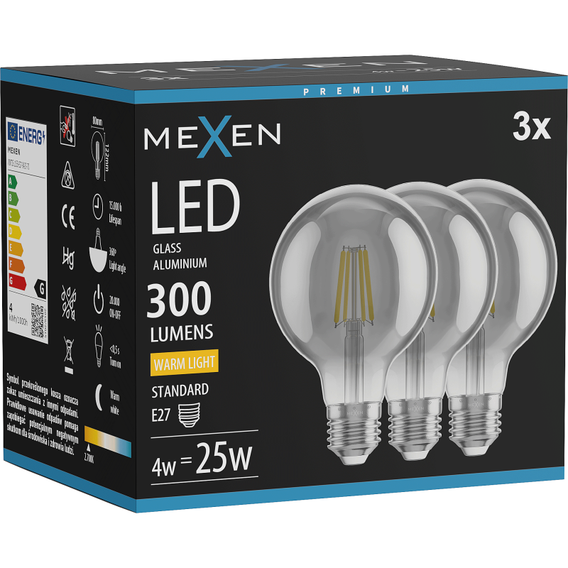 Mexen Vintis 3x LED gijų lemputė E27, G80, 4W, Šilta - 2700K, 300 lm, dūminė - L155-E27-0427-70x03
