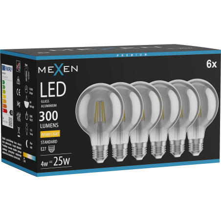 Mexen Vintis 6x LED filamentinė lemputė E27, G80, 4W, Šilta - 2700K, 300 lm, dūminė - L155-E27-0427-70x06