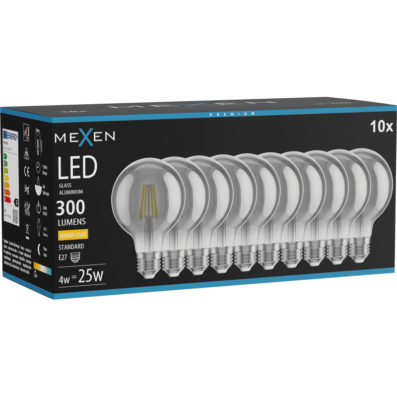 Mexen Vintis 10x LED kaitinimo siūlelis lemputė E27, G80, 4W, Šilta - 2700K, 300 lm, dūmo - L155-E27-0427-70x10