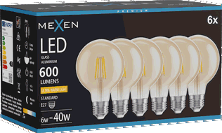 Mexen Vintis 6x LED kaitinimo siūlelio lemputė E27, G80, 6W, Šilta - 2200K, 600 lm, gintarinė - L155-E27-0622-50x06
