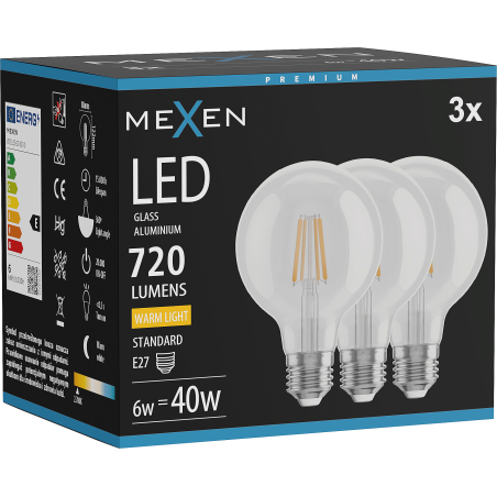 Mexen Vintis 3x LED siūlinė lemputė E27, G80, 6W, šilta - 2700K, 720 lm, skaidri - L155-E27-0627-00x03