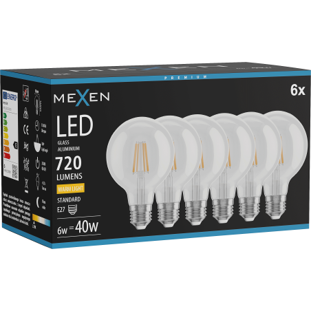 Mexen Vintis 6x LED siūlelių lemputė E27, G80, 6W, Šilta - 2700K, 720 lm, skaidri - L155-E27-0627-00x06