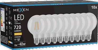 Mexen Vintis 10x LED gijų lemputė E27, G80, 6W, Šilta - 2700K, 720 lm, skaidri - L155-E27-0627-00x10