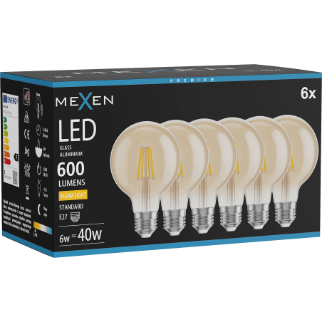 Mexen Vintis 6x LED filamentinė lemputė E27, G80, 6W, Šilta - 2700K, 400 lm, gintarinė - L155-E27-0627-50x06